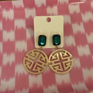 Emerald Studded Gold Geometric Shou Pattern Drop Earrings